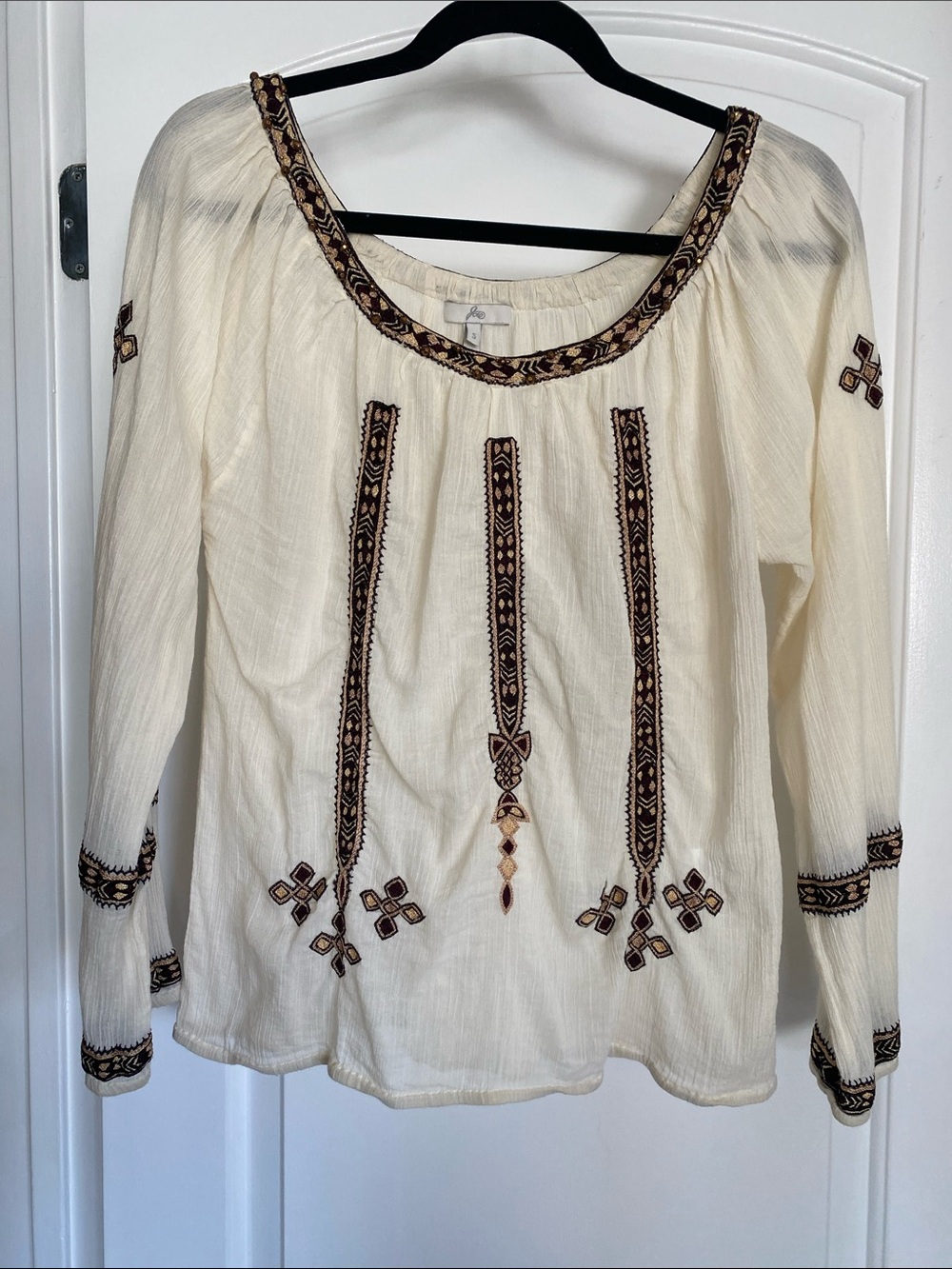 Joie Cotton Voile Blouse Cream Embroidered Appliqué and Bead Detail Boho Small
